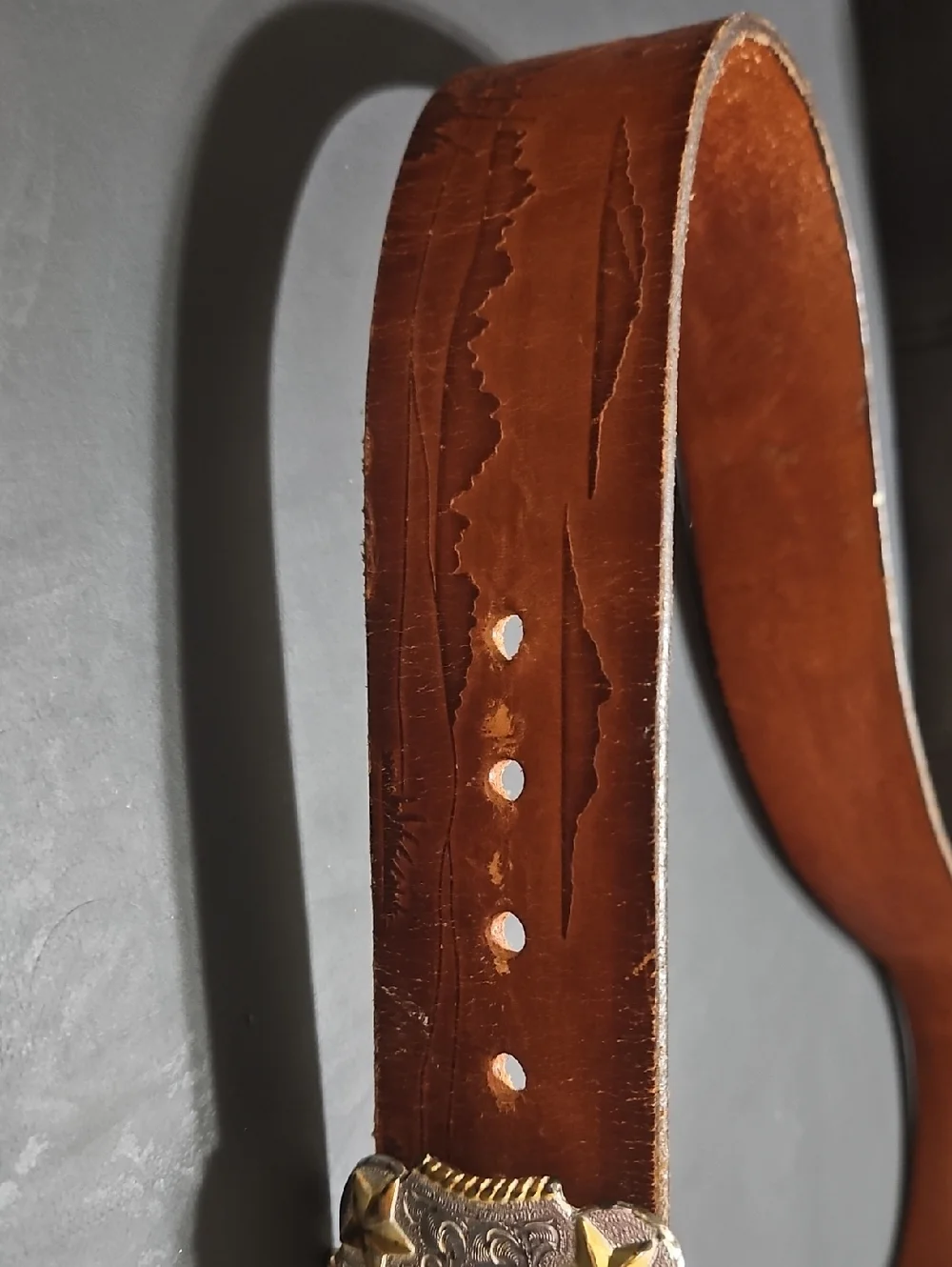 Nocona Brown Leather Western Belt with Decorative Silver-Gold Buckle Size 38